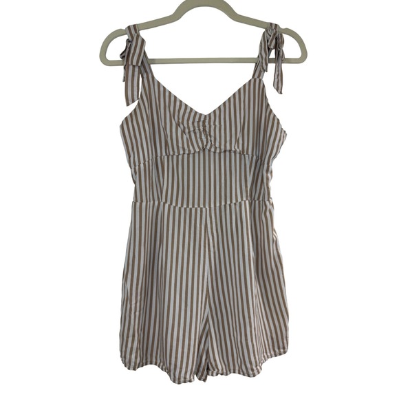 Derek Heart Pants - Derek Heart Romper Womens Medium Tan White Striped Excellent Tie Shoulder Smock